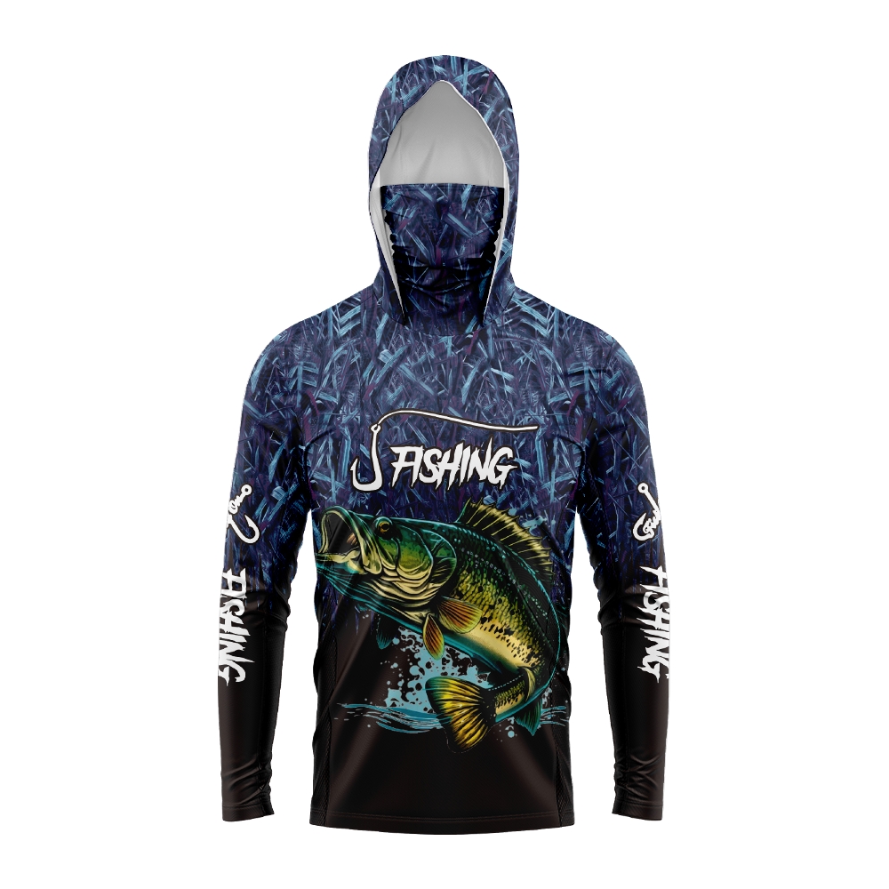 Outdoor Sports - เสื้อฮู้ดตกปลาลายปลาบาสสำหรับผู้ชาย พร้อมหน้ากากป้องกัน แห้งเร็ว ระบายอากาศได้ดี แขนยาว เสื้อกีฬาตกปลาสำหรับกิจกรรมกลางแจ้ง