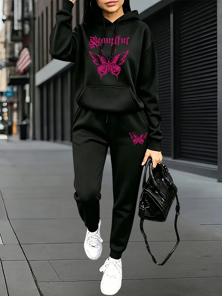 Outdoor Sports - ชุดลำลองสำหรับฤดูใบไม้ร่วงและฤดูหนาว ชุดกีฬาแบบจ็อกเกอร์ เสื้อฮู้ด + กางเกงสเวตแพนท์ ชุดใส่สบายสำหรับอยู่บ้านและนอกบ้าน