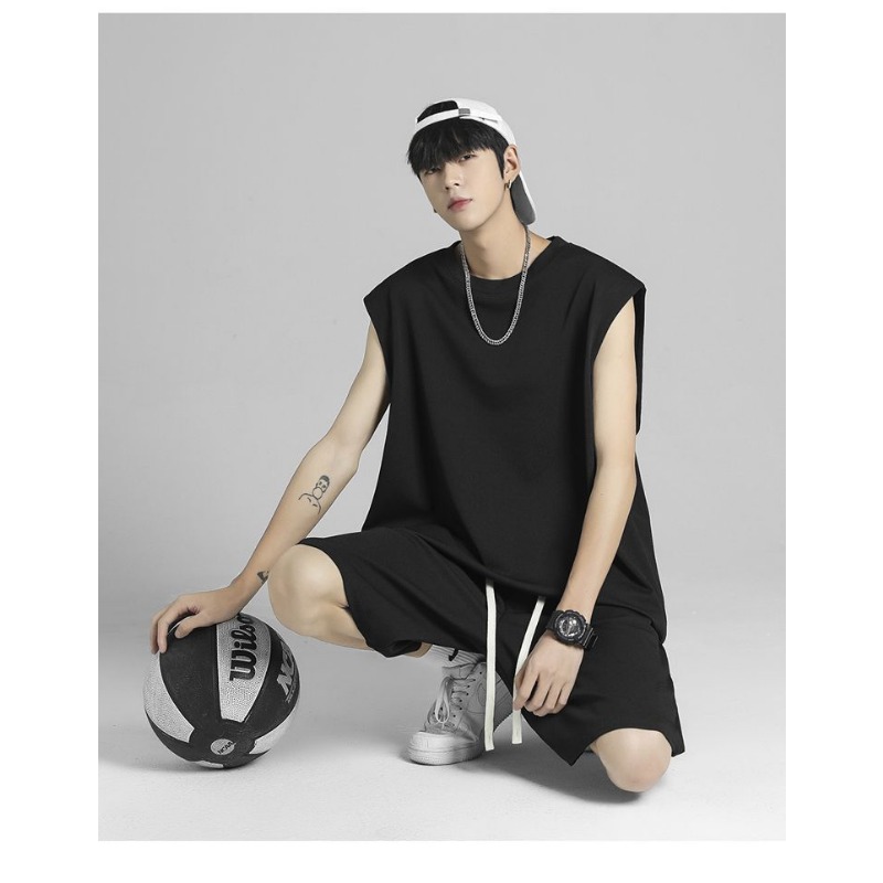 Outdoor Sports - ชุดเซ็ตเสื้อกล้ามและกางเกงขาสั้นผ้าไอซ์ซิลค์แห้งเร็ว สไตล์ฮิปฮอปสตรีทแฟชั่น สำหรับผู้ชาย เหมาะสำหรับใส่เล่นกีฬา บาสเก็ตบอล หรือใส่ลำลองในชีวิตประจำวันและกิจกรรมกลางแจ้ง