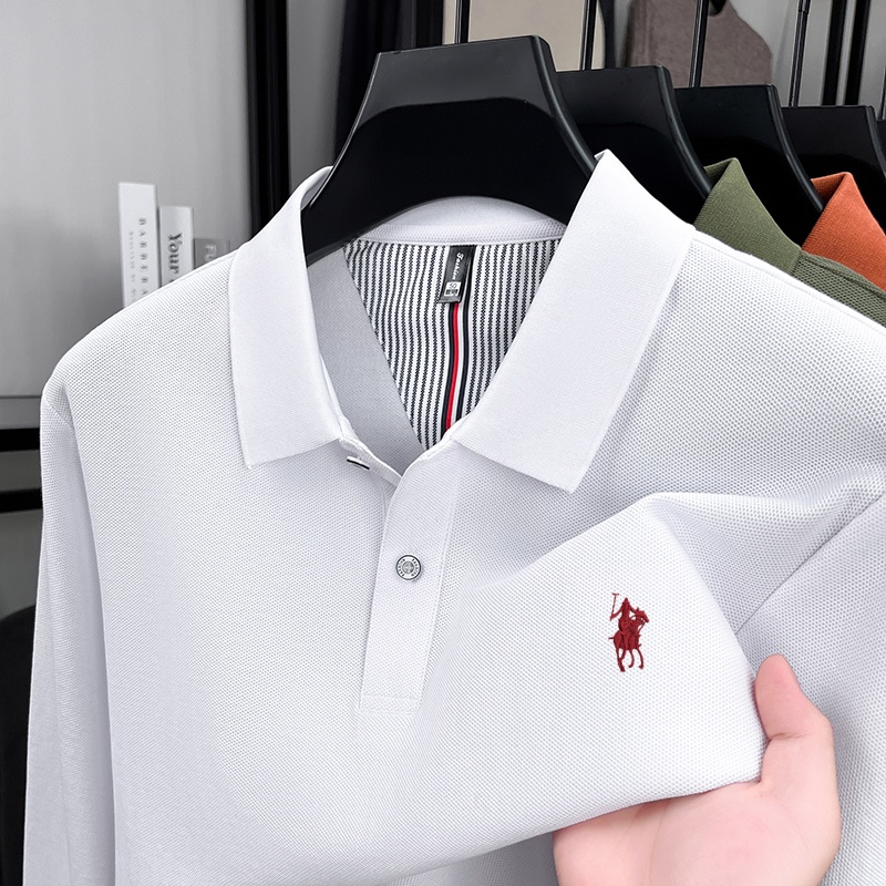 Polo Shirt Equestrian - เสื้อโปโลผู้ชายแบรนด์ใหม่สำหรับฤดูใบไม้ร่วง ดีไซน์ปักลายขี่ม้าสุดประณีต เรียบง่าย แขนยาว ผ้าฝ้ายแท้ 100%